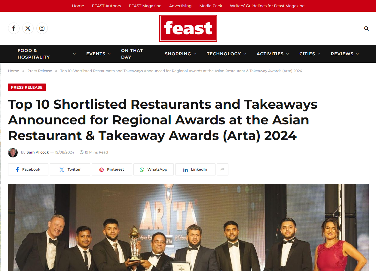 Top 10 Shortlisted Restaurants and Takeaways Announced for Regional Awards at the Asian Restaurant & Takeaway Awards (Arta) 2024