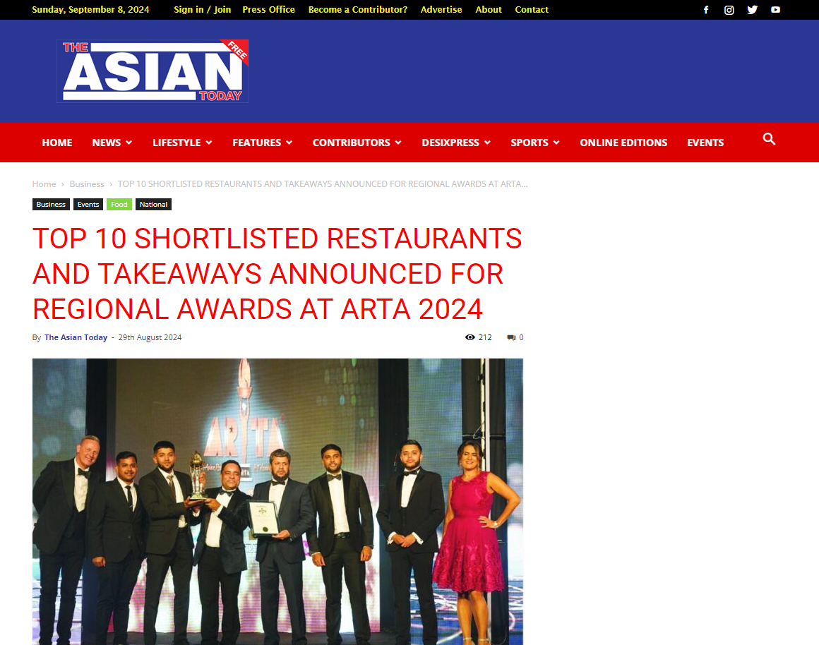 TOP 10 SHORTLISTED RESTAURANTS AND TAKEAWAYS ANNOUNCED FOR REGIONAL AWARDS AT ARTA 2024