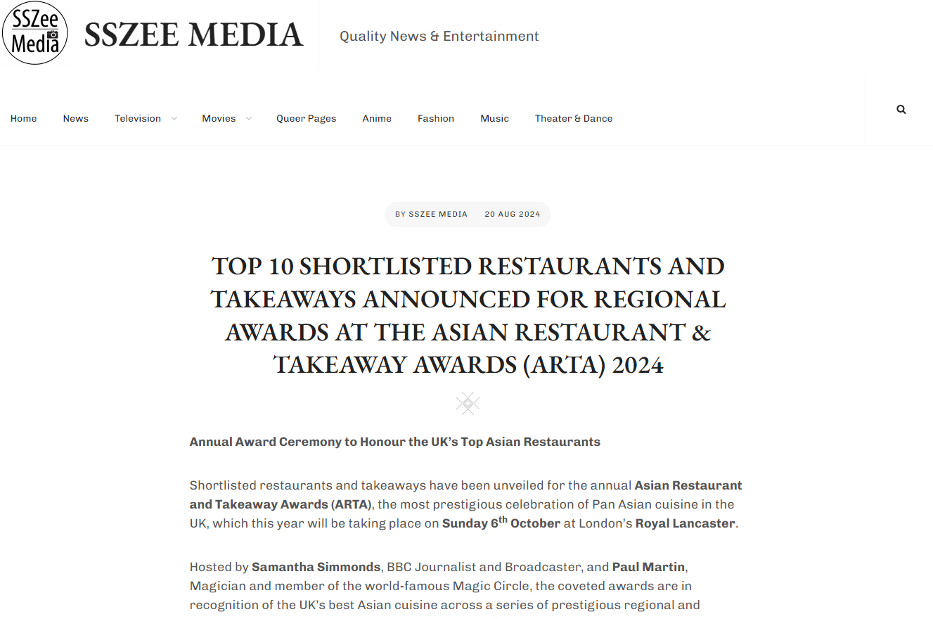 TOP 10 SHORTLISTED RESTAURANTS AND TAKEAWAYS ANNOUNCED FOR REGIONAL AWARDS AT THE ASIAN RESTAURANT & TAKEAWAY AWARDS (ARTA) 2024