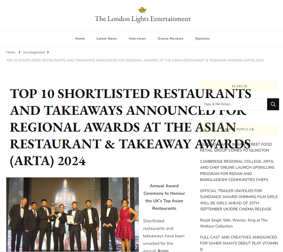 TOP 10 SHORTLISTED RESTAURANTS AND TAKEAWAYS ANNOUNCED FOR REGIONAL AWARDS AT THE ASIAN RESTAURANT & TAKEAWAY AWARDS (ARTA) 2024