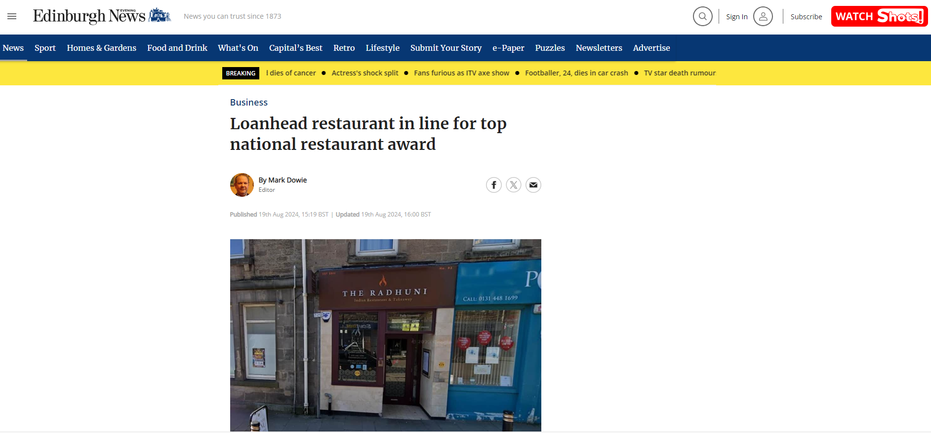 Loanhead restaurant in line for top national restaurant award