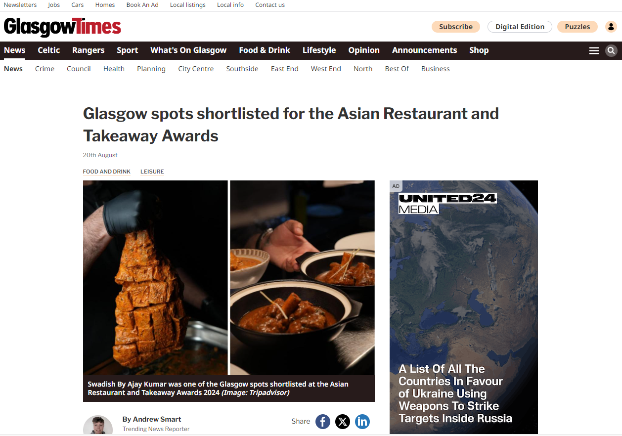 Glasgow spots shortlisted for the Asian Restaurant and Takeaway Awards