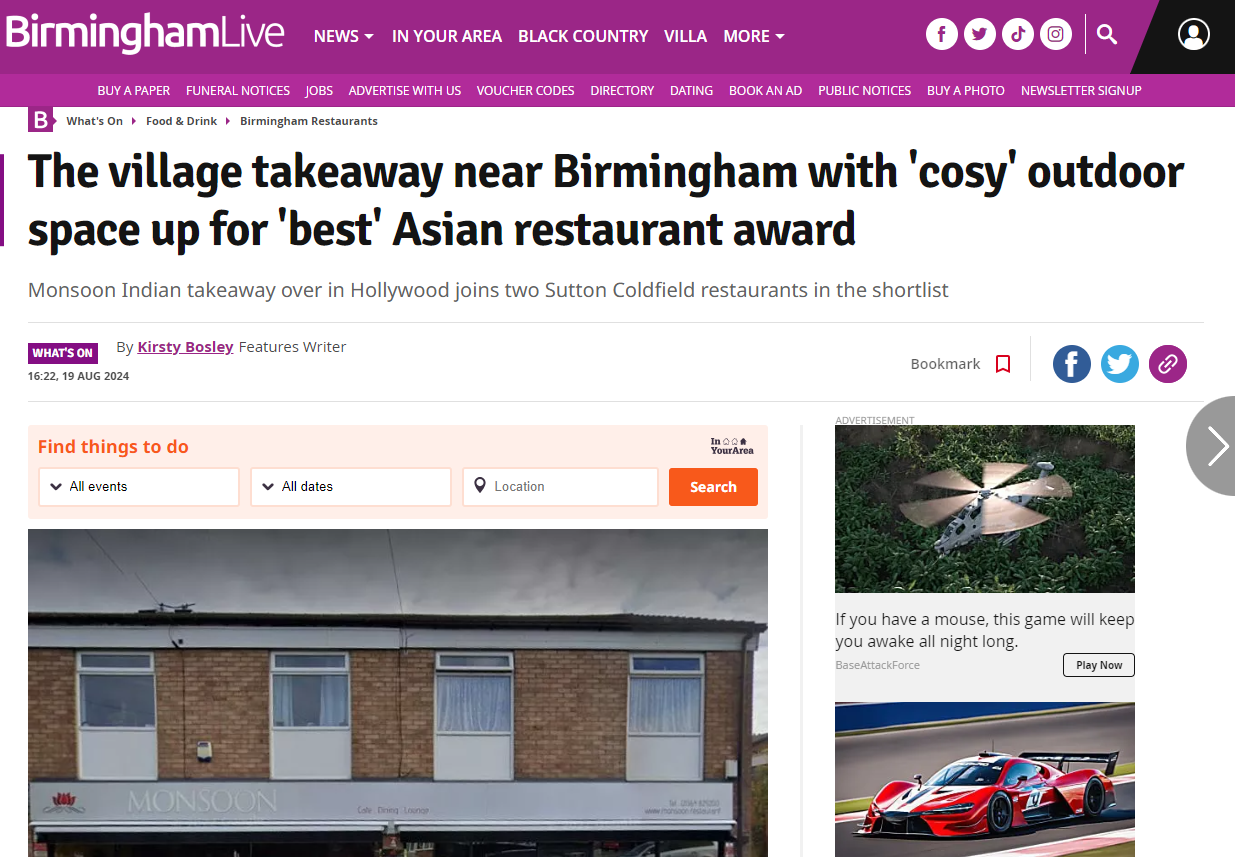 The village takeaway near Birmingham with 'cosy' outdoor space up for 'best' Asian restaurant award