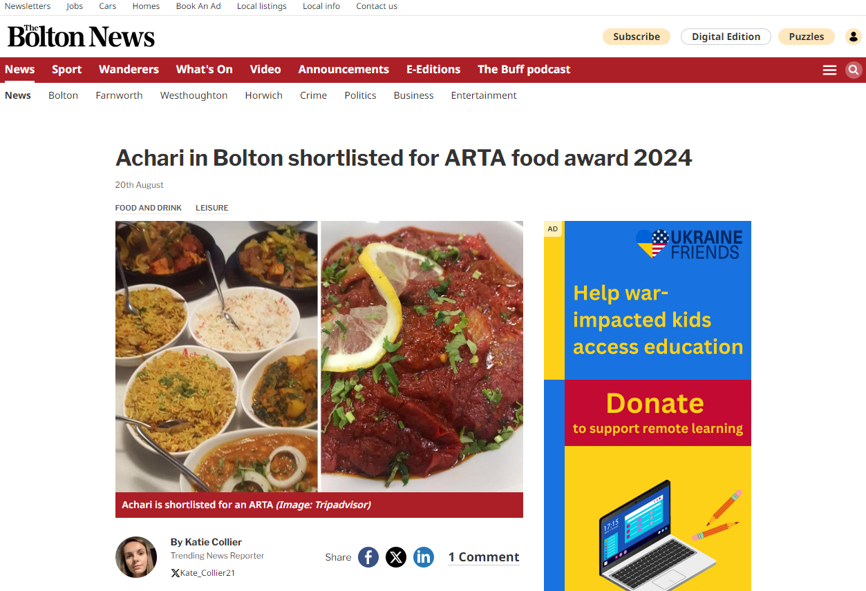 Achari in Bolton shortlisted for ARTA food award 2024