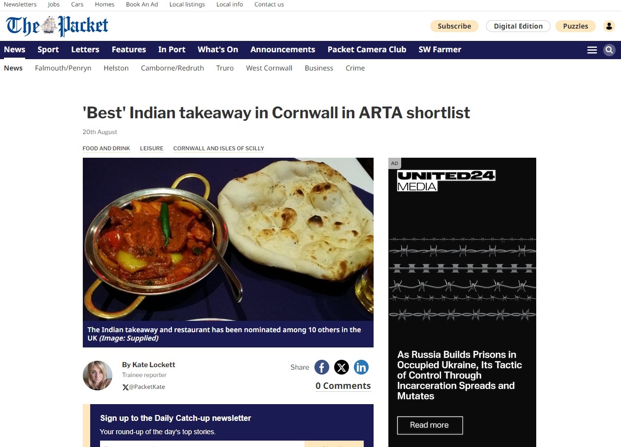 'Best' Indian takeaway in Cornwall in ARTA shortlist