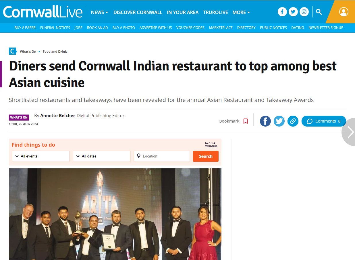 Diners send Cornwall Indian restaurant to top among best Asian cuisine